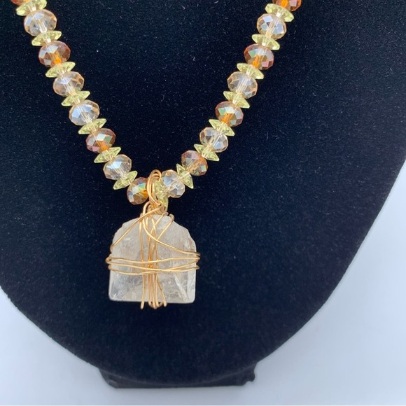 Beaded Brown & Gold Tone Necklace with Gemlike Crystal Pendant - Picture 5 of 10